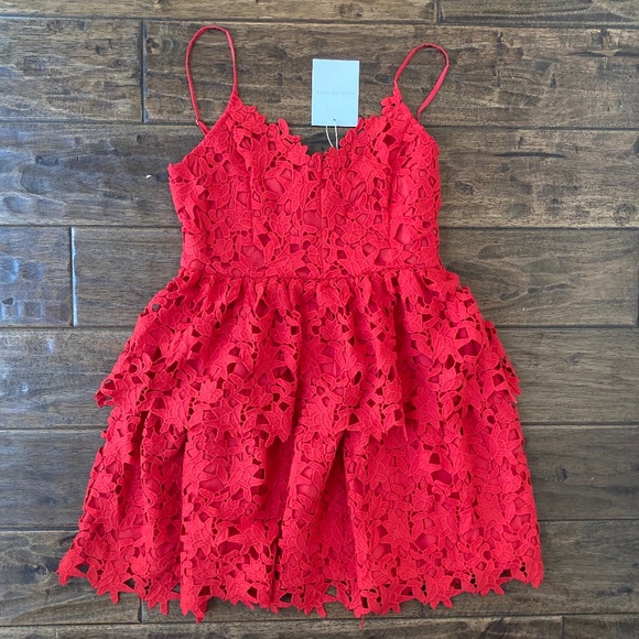 Endless Rose Lace Tiered Red Mini Dress Women's Small Wedding Guest Event - Picture 1 of 12